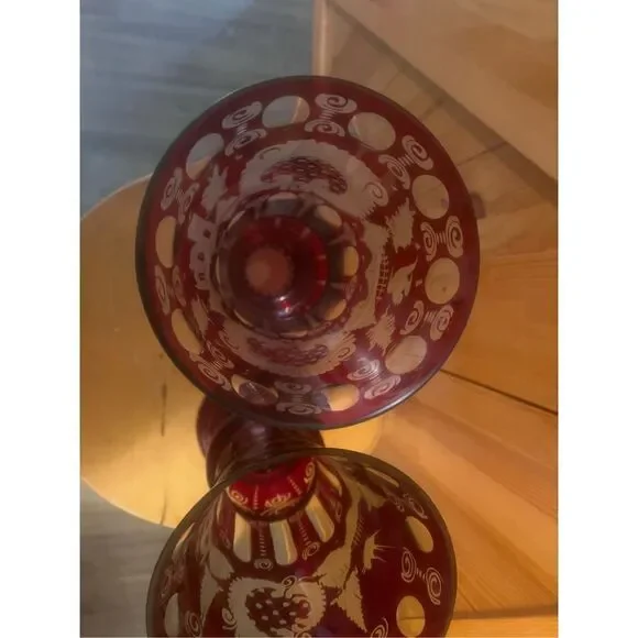 Vintage Egarmann Ruby Cut to Clear Vase/Glass Czech Bohemian set of 2